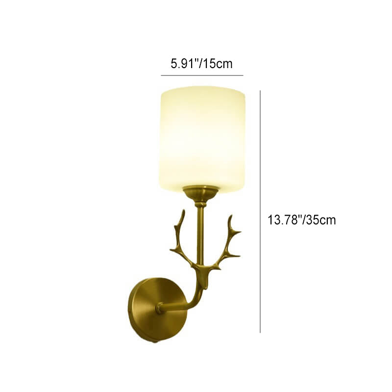 Contemporary Scandinavian Glass Cylinder Antler Copper 1-Light Wall Sconce Lamp For Living Room