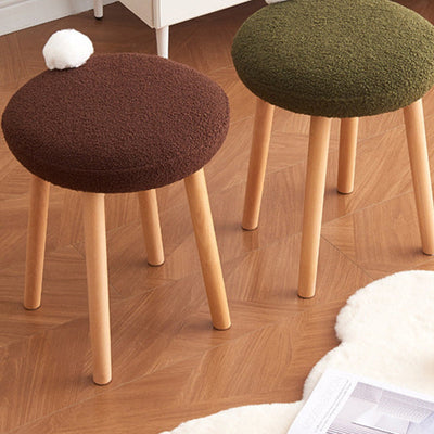 Modern Minimalist Round Lambswool Wood Vanity Stool For Bedroom