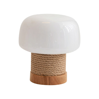 Modern Minimalist Cylinder Mushroom Shape Oak Twine Glass 1-Light Table Lamp For Bedroom