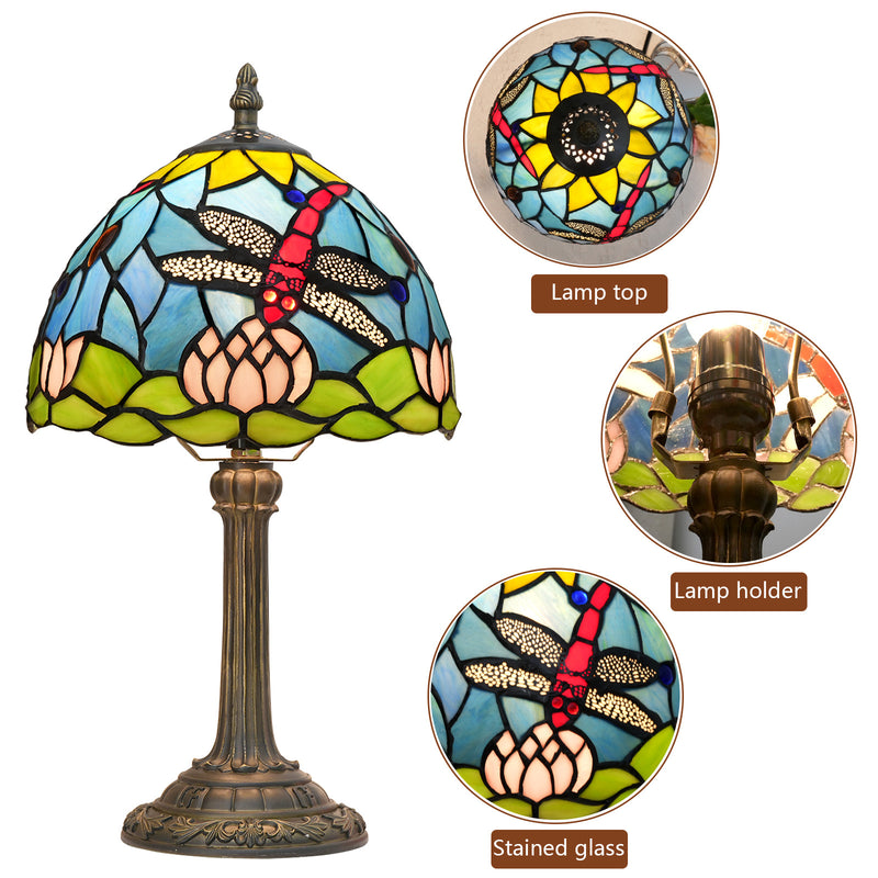 Traditional Tiffany Glass Resin Dome Dragonfly Lotus 1-Light Table Lamp For Study