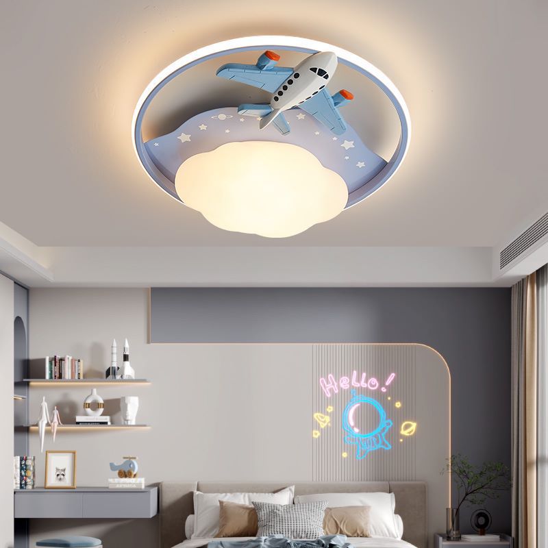 Contemporary Creative Resin Cartoon Airplane Rabbit Iron LED Kids Flush Mount Ceiling Light For Bedroom