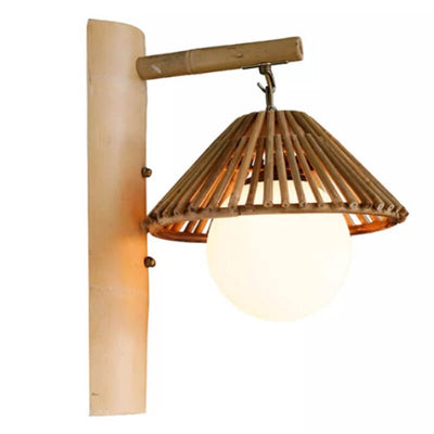 Modern Cone Bamboo Wood Rattan 1-Light Wall Sconce Lamp