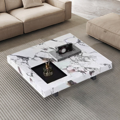 Modern Simplicity Square Slate Stainless Steel Wood Coffee Table 1-Tray For Living Room