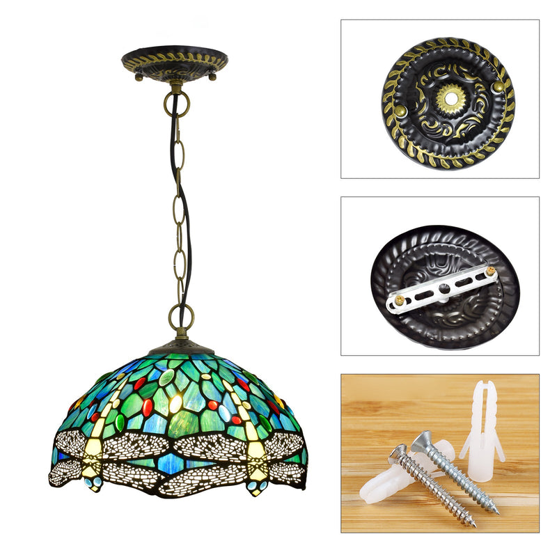 Traditional Tiffany Dragonfly Stained Glass Dome 1-Light Pendant Light For Living Room