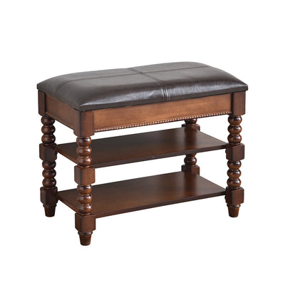 Traditional European Rectangular Wood Leather Vanity Stool Backless Armless For Living Room