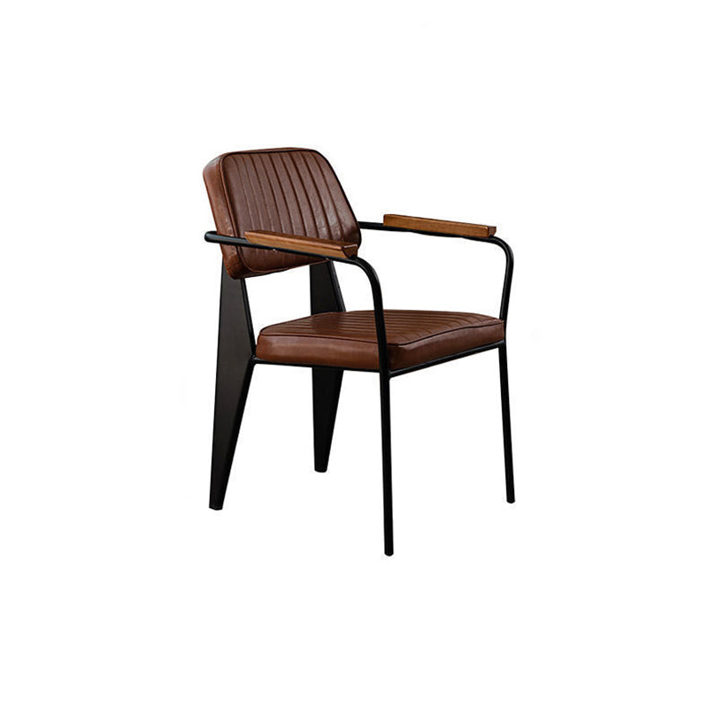 Contemporary Industrial Leather Metal Sponge Wood Square Vertical Stripe Dining Chair Backrest Armrest For Dining Room