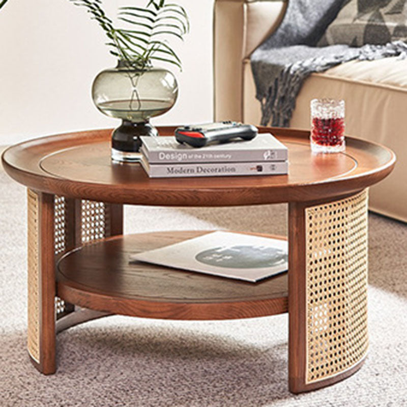 Traditional Japanese Round Wood Weaving Coffee Table For Living Room