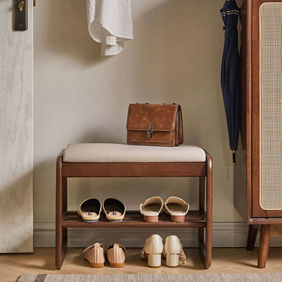 Modern Minimalist Rectangular Solid Wood Leather Shoe Storage Benches For Entryways