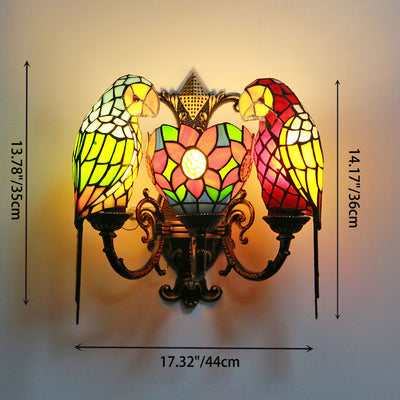 Traditional Tiffany Parrot Round Table Half Round Iron Glass 3-Light Wall Sconce Lamp For Living Room