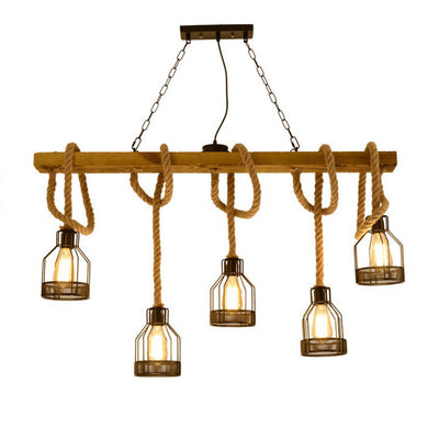 Traditional Rustic Wooden Beams Iron Cage Shade 5-Light Island Light Chandelier For Dining Room