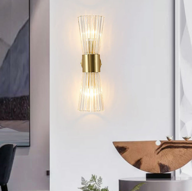 Contemporary Luxury Ribbed Crystal Up And Down Luminous 2-Light Wall Sconce Lamp For Bedroom