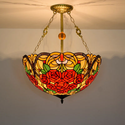 Traditional Tiffany Stained Glass Rose Flower Iron 3-Light Chandelier For Living Room