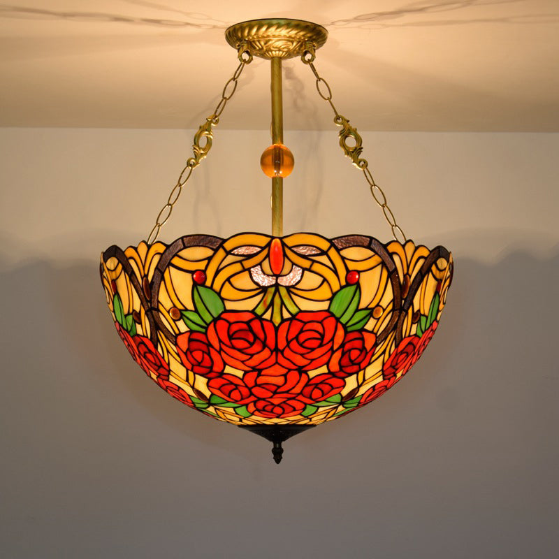 Traditional Tiffany Stained Glass Rose Flower Iron 3-Light Chandelier For Living Room