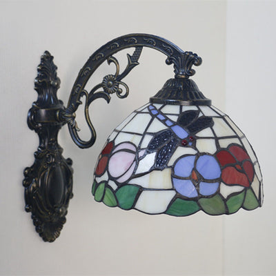 Traditional Tiffany Half Ball Floral Hanging Rod Iron Glass 1-Light Wall Sconce Lamp For Bedroom