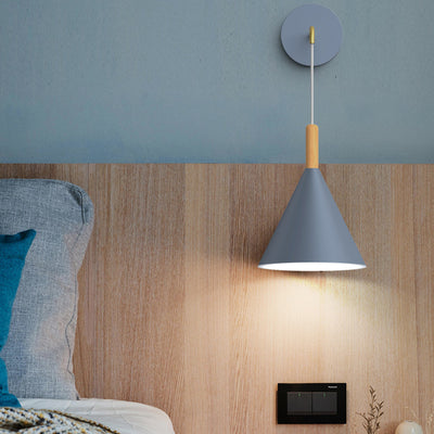 Modern Minimalist Cylinder Round Table Disc Base Iron Oak 1-Light Wall Sconce Lamp For Bedroom