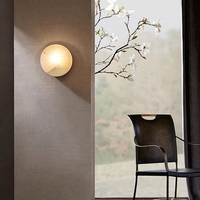 Modern Luxury Round Full Copper Marble 1-Light Wall Sconce Lamp For Living Room