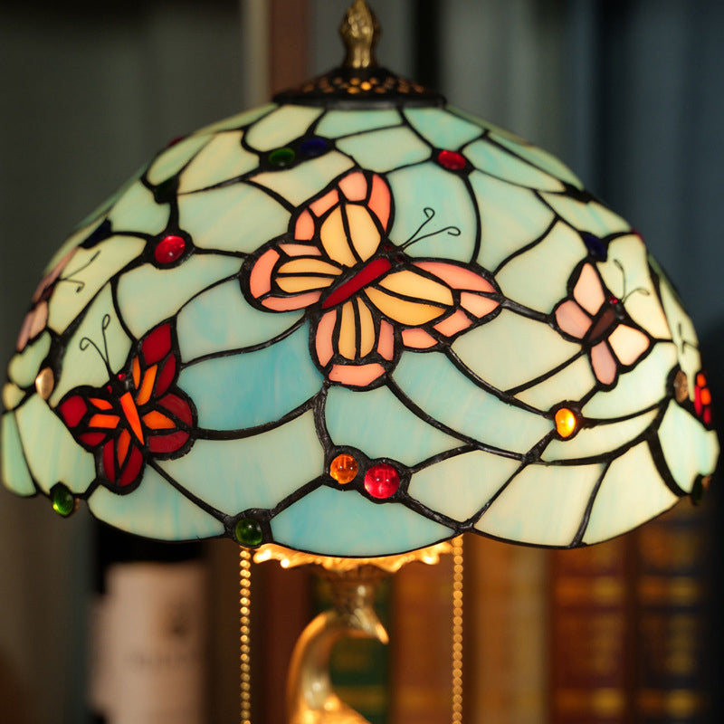 Traditional Tiffany Pastoral Butterfly Stained Glass Shade Peacock Hardware Base 1-Light Table Lamp For Home Office