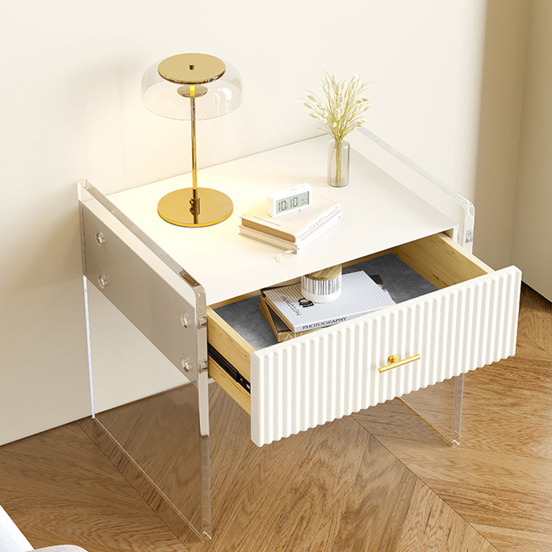 Modern Luxury Rectangular Table Top Acrylic Tempered Glass Solid Wood Nightstand 1-Drawer For Bedroom