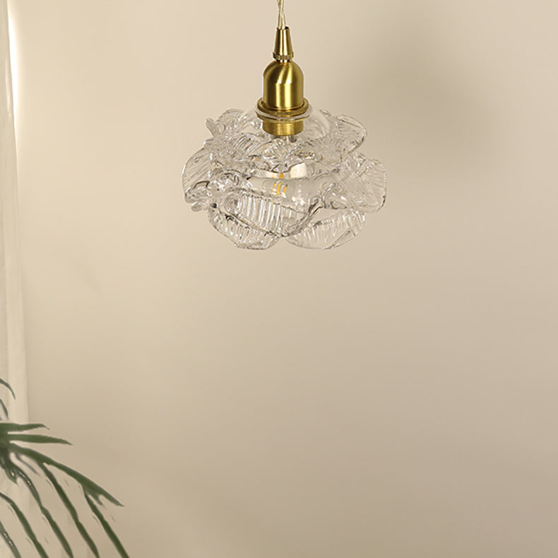 Traditional French Romantic Rose Glass Shade Brass 1-Light Pendant Light For Living Room