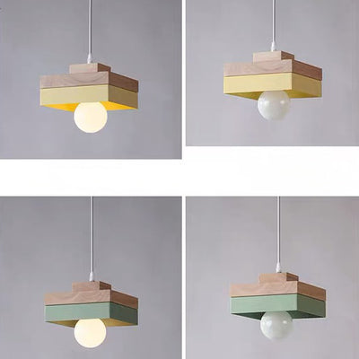 Modern Minimalist Macaron Square Iron Wood 1-Light Pendant Light For Living Room