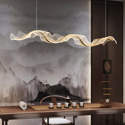 Contemporary Creative Rectangle Wave Ribbon Hardware Acrylic LED Island Light Chandelier For Dining Room