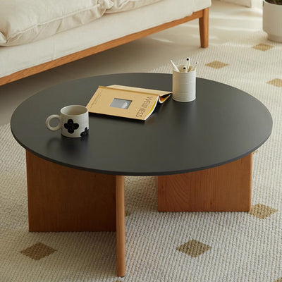 Contemporary Nordic Round Rock Board Wood Base Coffee Table For Living Room