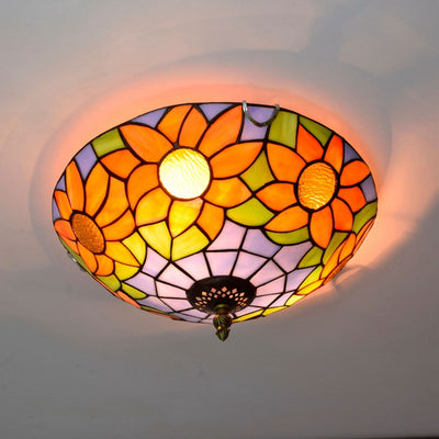 Traditional Tiffany Dome Sunflower Iron Glass 2-Light Flush Mount Ceiling Light For Living Room