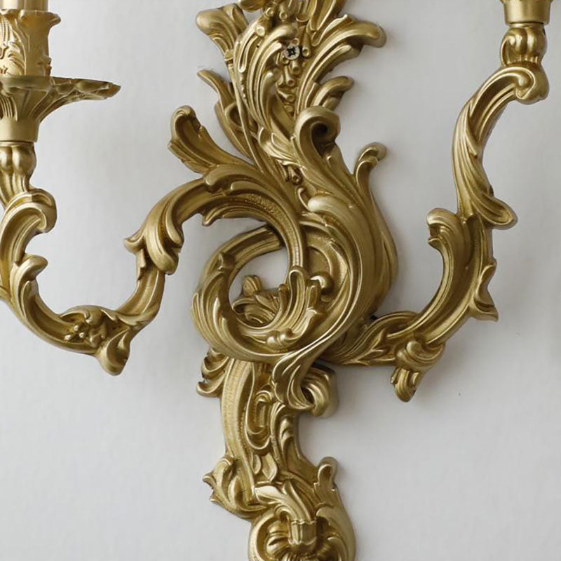 Traditional French Luxury Brass Candelabra Carved 2/3 Light Wall Sconce Lamp For Bedroom