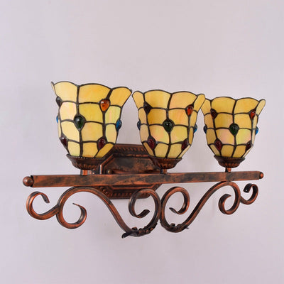 Traditional Tiffany Stained Glass Cup Shade Iron 3-Light Vanity Mirror Front Wall Sconce Lamp For Bedroom