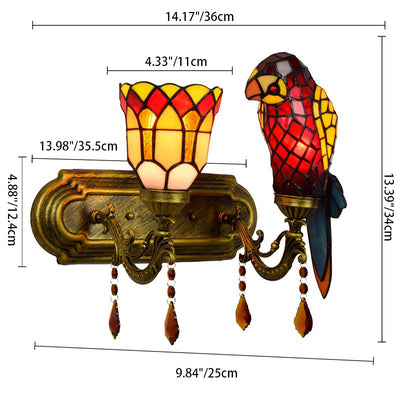 Traditional Tiffany Parrot Stained Glass Crystal String 2-Light Wall Sconce Lamp For Living Room