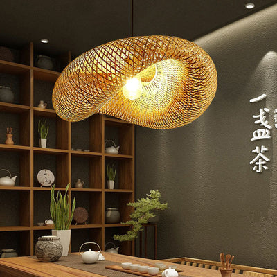 Traditional Japanese Straw Hat Bamboo Weaving Iron 1-Light Pendant For Dining Room