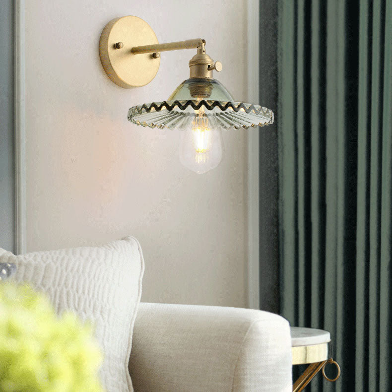 Contemporary Scandinavian Round Ripple All Copper Glass 1-Light Wall Sconce Lamp For Bedroom