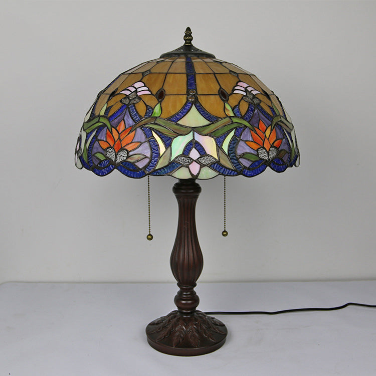 Traditional Tiffany Stained Glass Peacock Sunflower Resin Base 2-Light Table Lamp For Study