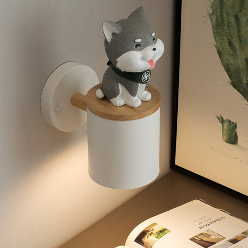 Contemporary Creative Resin Puppy Iron Cylinder Shade 1-Light Wall Sconce Lamp For Bedroom