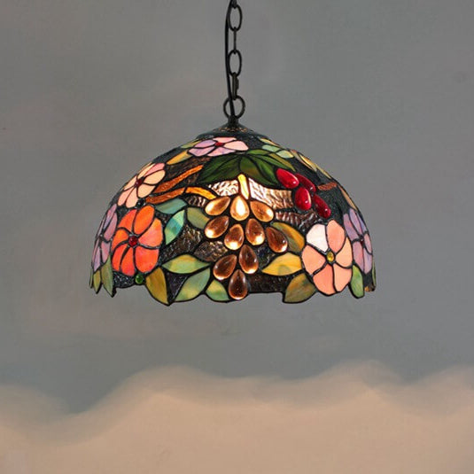 Traditional Tiffany Iron Stained Glass Flower Shape 1-Light Pendant Light For Living Room