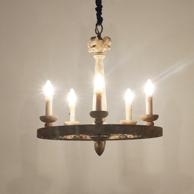 Traditional Farmhouse Distressed Wood Candlestick Iron Round 6-Light Chandelier For Living Room