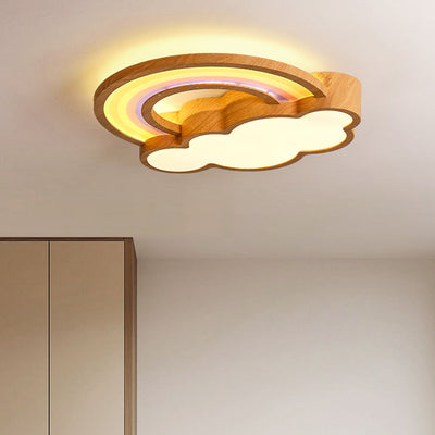 Contemporary Creative Woodgrain Cartoon Animal Bee Aircraft Acrylic LED Kids Flush Mount Ceiling Light For Living Room