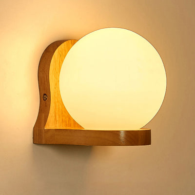 Modern Minimalist Orb Shape Wood Glass 1-Light Wall Sconce Lamp For Bedroom