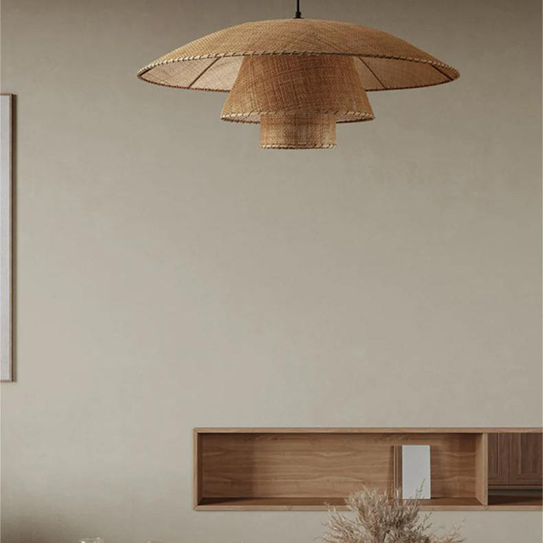 Traditional Japanese Triple Round Rattan 1-Light Chandelier For Living Room