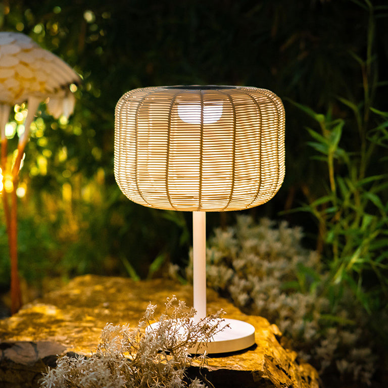 Contemporary Retro Solar Waterproof Weaving Rattan Metal Cylinder LED Landscape Lighting Outdoor Light For Outdoor Patio