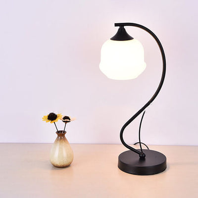 Modern Simple Flower Glass Shade Curved Iron Base 1-Light Table Lamp