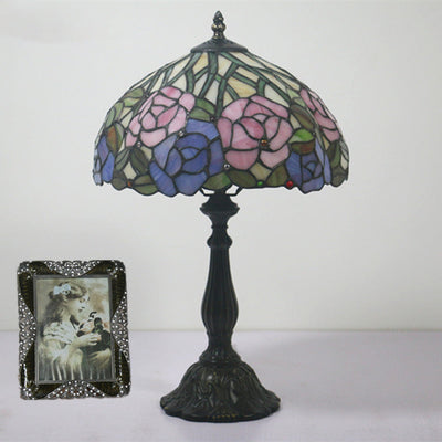 Traditional Tiffany Rose Flower Stained Glass Dome 1-Light Table Lamp For Bedroom