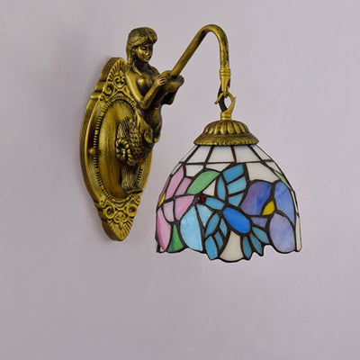 Traditional Tiffany Stained Glass Floral Shade Mermaid Hardware Lamp Arm 1-Light Wall Sconce Lamp For Living Room