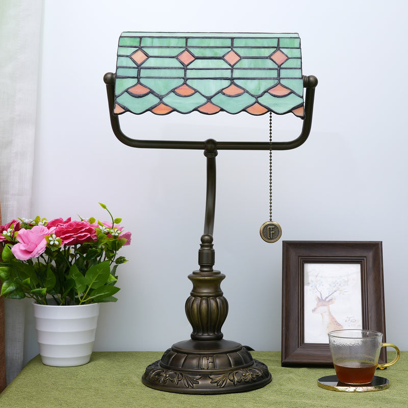 Traditional Tiffany Green Leaf Red Spot Trapezoidal Iron Resin Glass 1-Light Zipper Table Lamp For Bedside