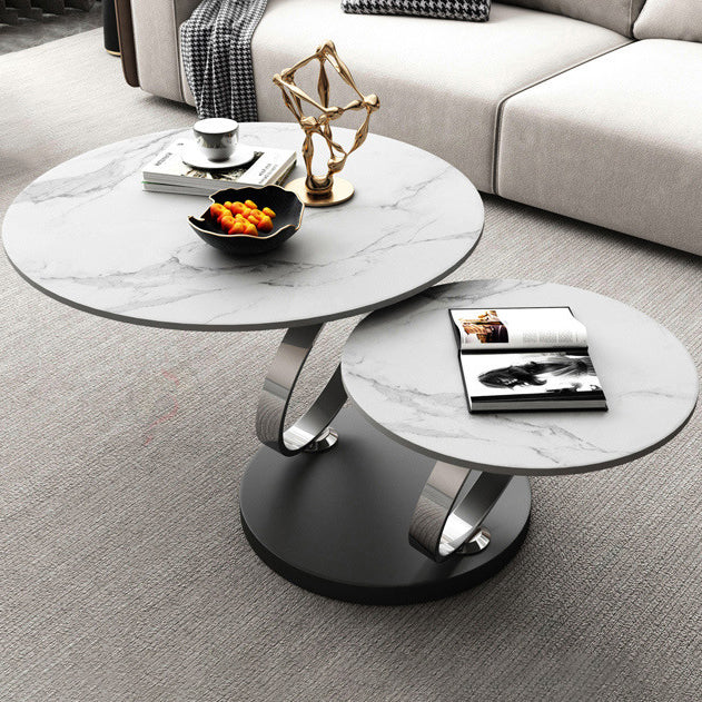 Contemporary Nordic Round Slab Stainless Steel Coffee Table 2-Shelf For Living Room