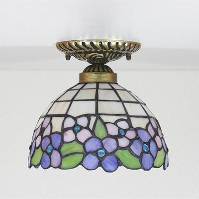 Traditional Tiffany Pastoral Purple Flower Stained Glass Bowl-shaped 1-Light Semi-Flush Mount Ceiling Light For Living Room