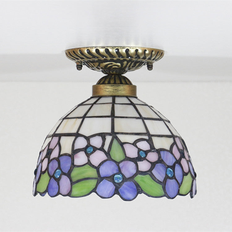 Traditional Tiffany Pastoral Purple Flower Stained Glass Bowl-shaped 1-Light Semi-Flush Mount Ceiling Light For Living Room