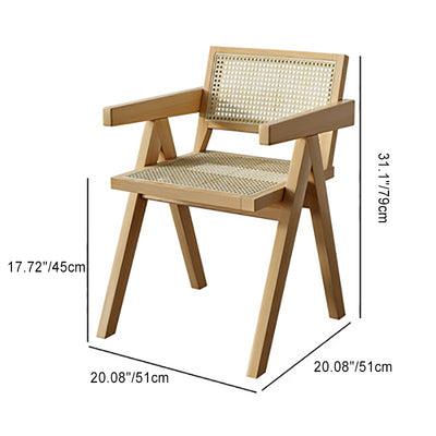 Modern Minimalist Square Solid Wood Rattan Dining Chair Four Legs Backrest Armrest For Dining Room