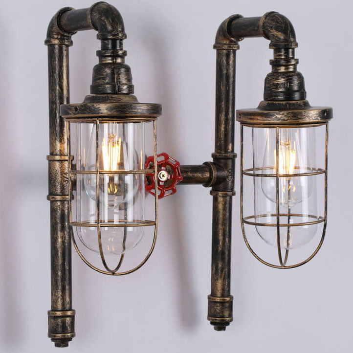 Retro Industrial Wrought Iron Water Pipe Round Glass Shade 2-Light Wall Sconce Lamp