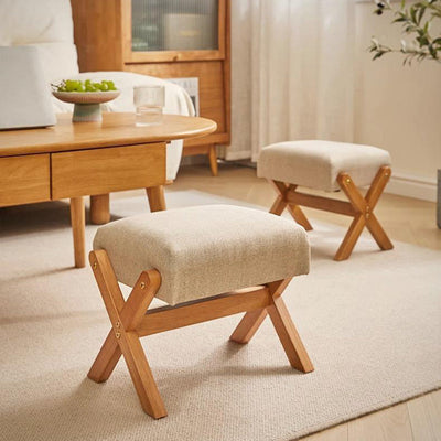 Contemporary Simplicity Wood Linen X-Shaped Legs Footstool Backless Armless For Entryways